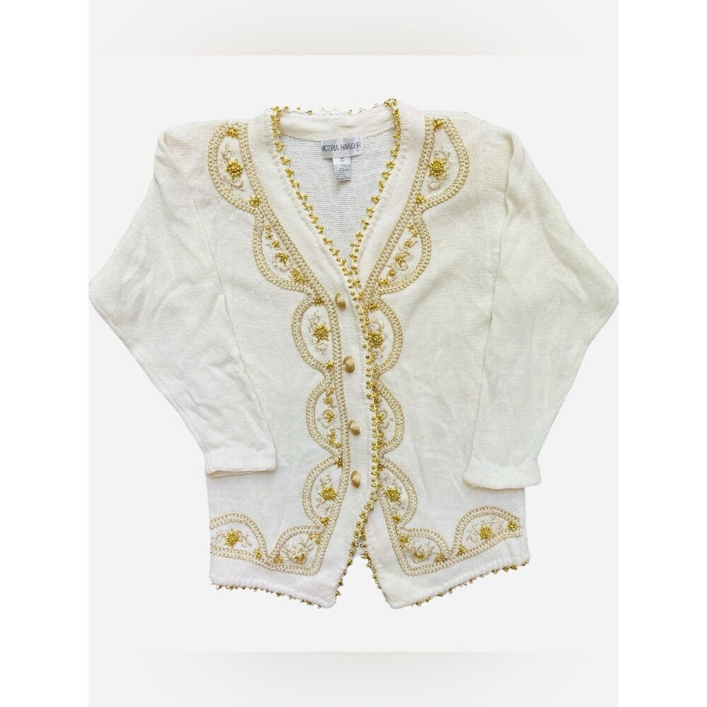 Vintage Victoria Harbour Gold Beaded Cardigan Sweater Size Small 80s Grandmacore